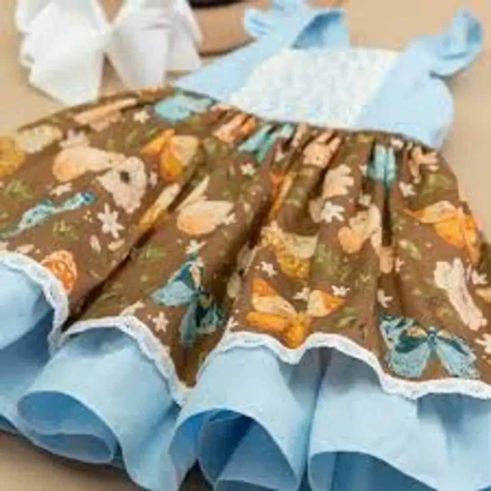 Ricrac & Ruffles Butterfly Dress Girls 3T Boutique Floral Blue Brown Ruffle Trim
